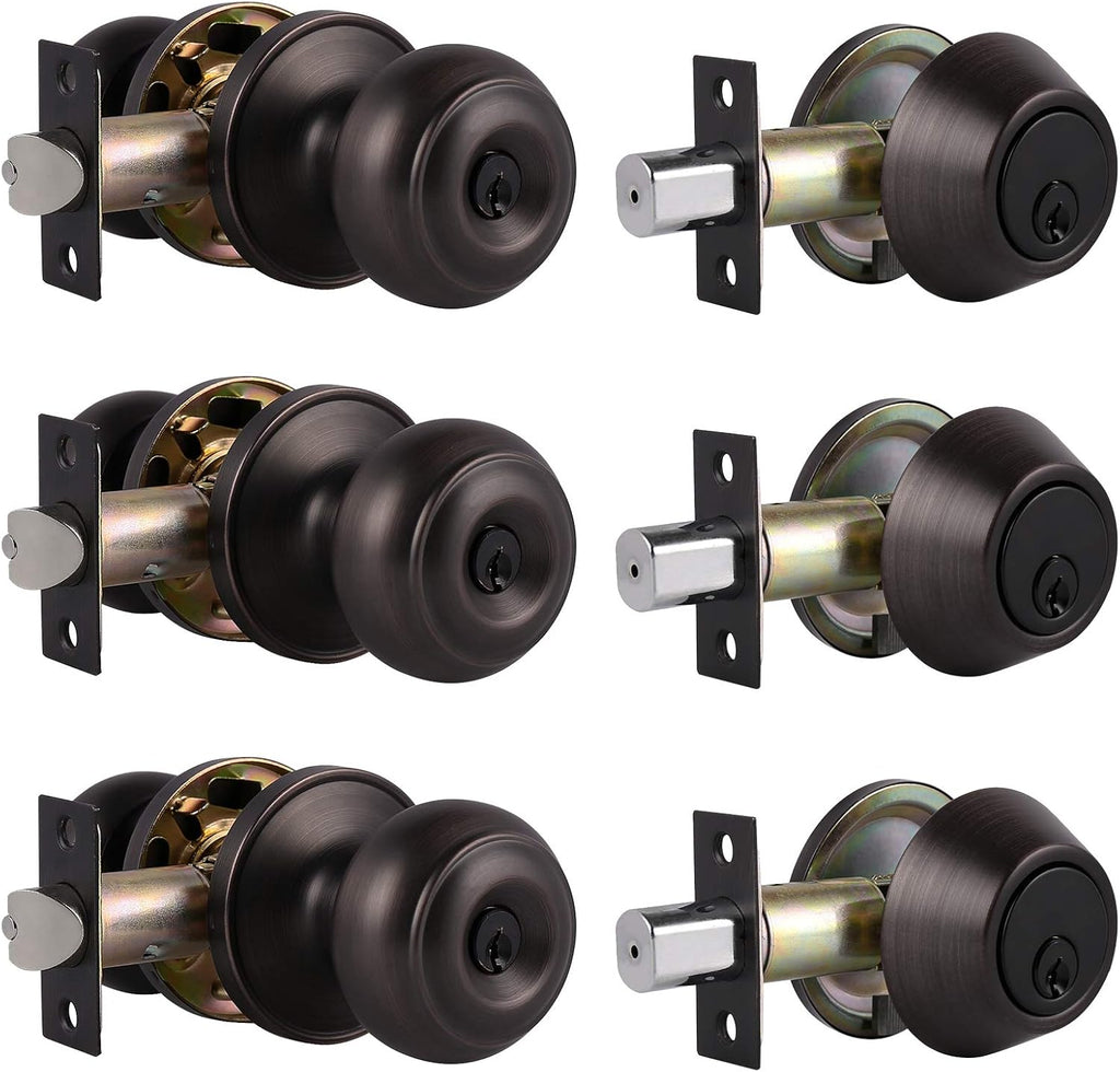 Oil Rubbed Bronze Entry Door Knob Lock Set with Single Cylinder Deadbolt, 3 Pack O198