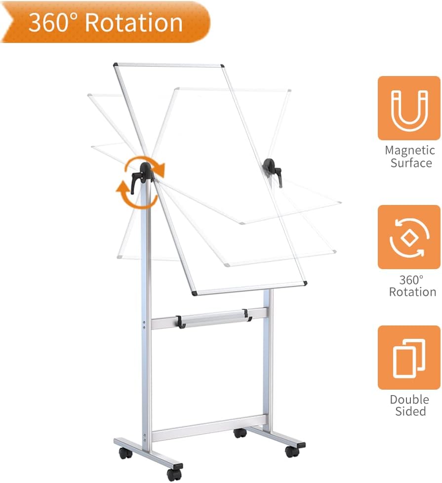 Double-sided Magnetic Mobile Whiteboard, 48 x 24 Inches, Aluminium Frame and Stand S53282