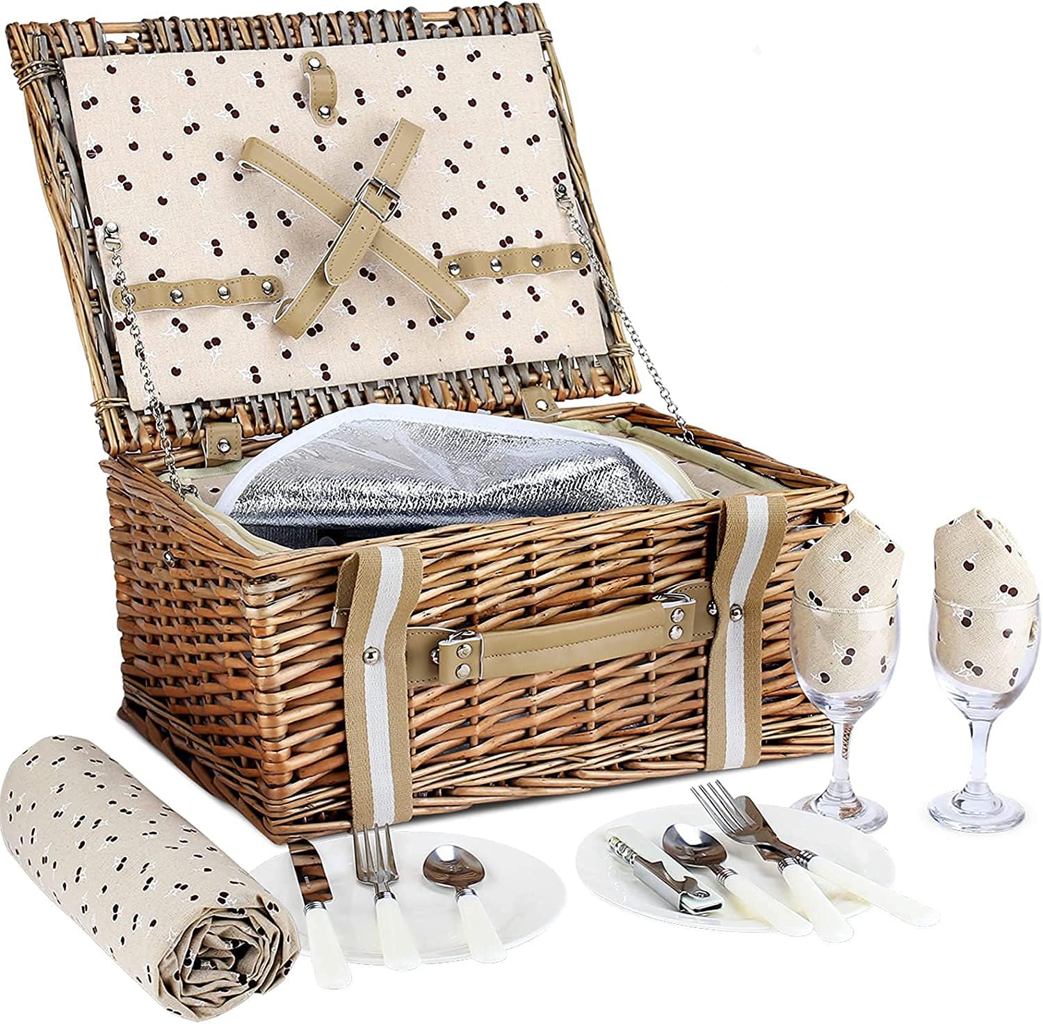 Wicker Picnic Basket Set with Insulated Cooler Bag and Waterproof Picnic Blanket P182