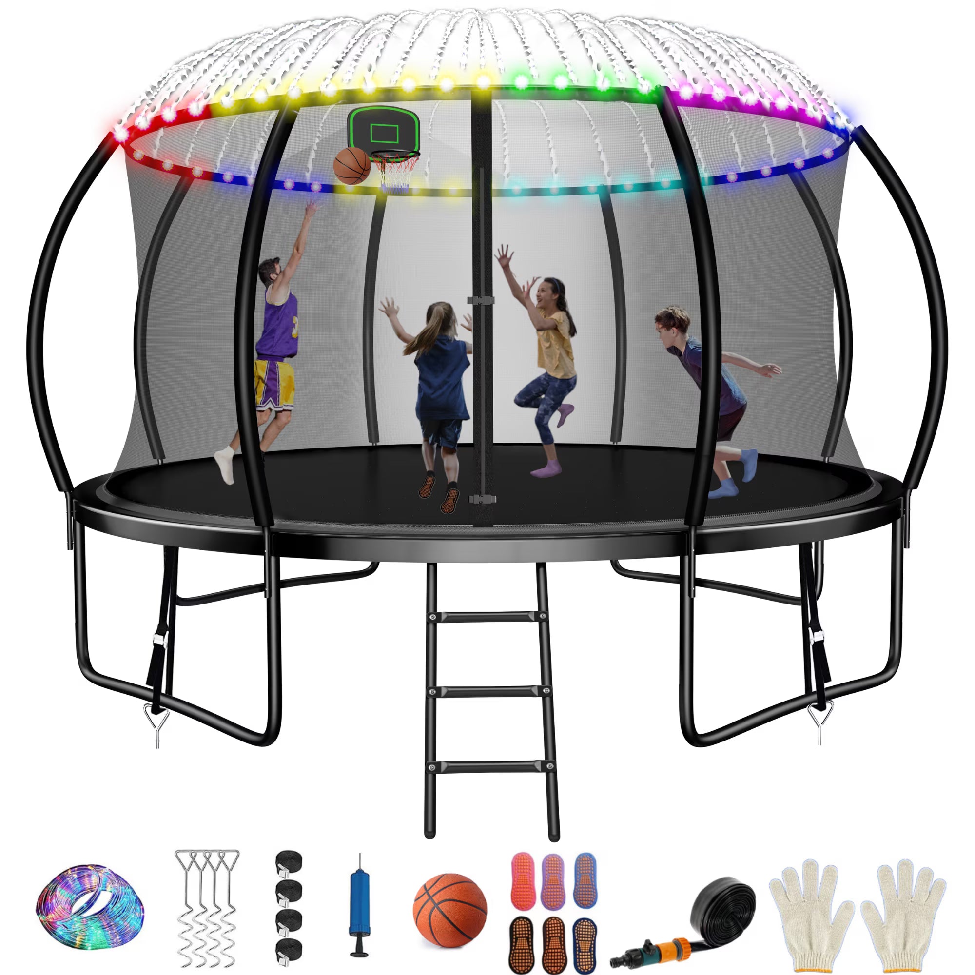 12FT Trampoline with Basketball Hoop, Enclosure Net, Sprinkler, Light, Socks, Ladder A1674
