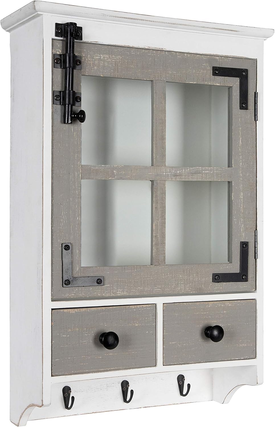 Rustic White Wood Wall Cabinet with Glass Door and 2 Drawers I674